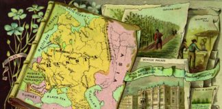 Mapa ilustrado del Imperio ruso rodeado de escenas del cultivo y procesamiento del lino