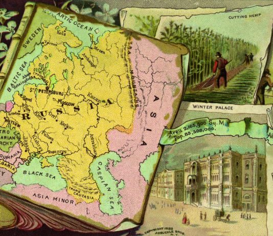 El cáñamo en la Segunda Guerra Mundial Mapa ilustrado del Imperio ruso rodeado de escenas del cultivo y procesamiento del lino