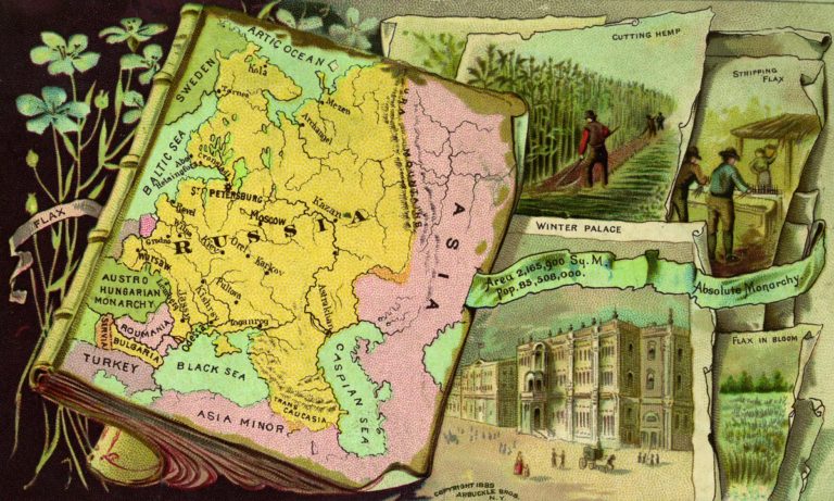 Mapa ilustrado del Imperio ruso rodeado de escenas del cultivo y procesamiento del lino