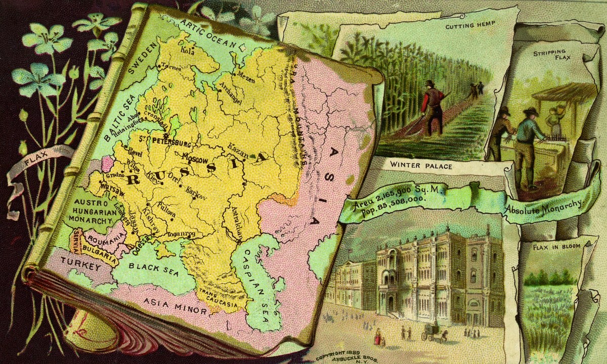 Mapa ilustrado del Imperio ruso rodeado de escenas del cultivo y procesamiento del lino