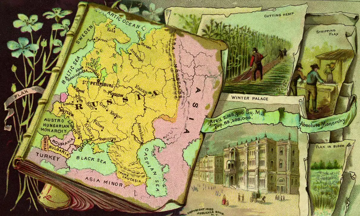 Mapa ilustrado del Imperio ruso rodeado de escenas del cultivo y procesamiento del lino
