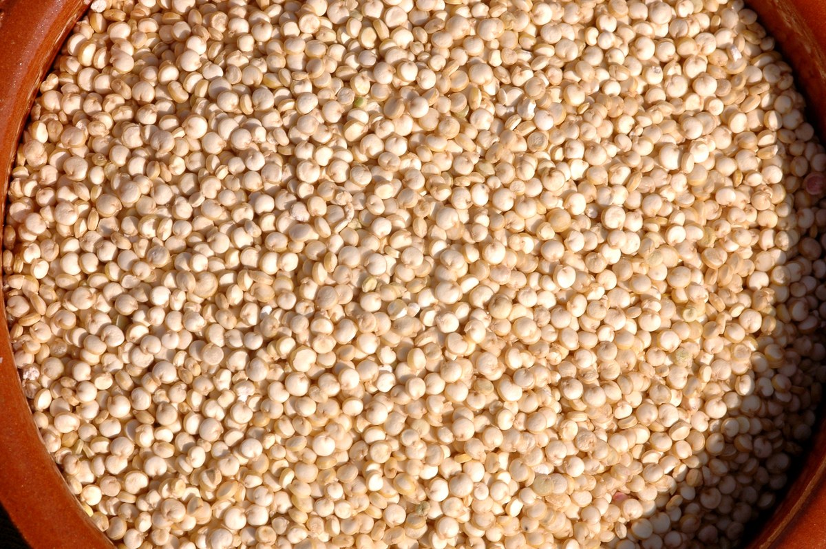 Granos de quinoa cruda llenan un cuenco de madera visto desde arriba.