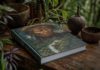 El laberinto de la ayahuasca, de Manuel Almendro Libro sobre ayahuasca y chamanismo sobre una mesa de madera, rodeado de vegetación amazónica en una atmósfera contemplativa.