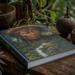 Libro sobre ayahuasca y chamanismo sobre una mesa de madera, rodeado de vegetación amazónica en una atmósfera contemplativa.