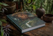 El laberinto de la ayahuasca, de Manuel Almendro Libro sobre ayahuasca y chamanismo sobre una mesa de madera, rodeado de vegetación amazónica en una atmósfera contemplativa.