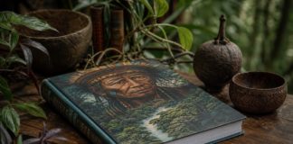 Libro sobre ayahuasca y chamanismo sobre una mesa de madera, rodeado de vegetaci&oacute;n amaz&oacute;nica en una atm&oacute;sfera contemplativa.