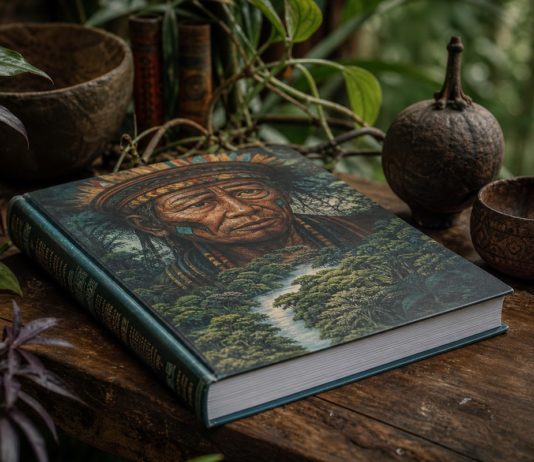 El laberinto de la ayahuasca, de Manuel Almendro Libro sobre ayahuasca y chamanismo sobre una mesa de madera, rodeado de vegetación amazónica en una atmósfera contemplativa.