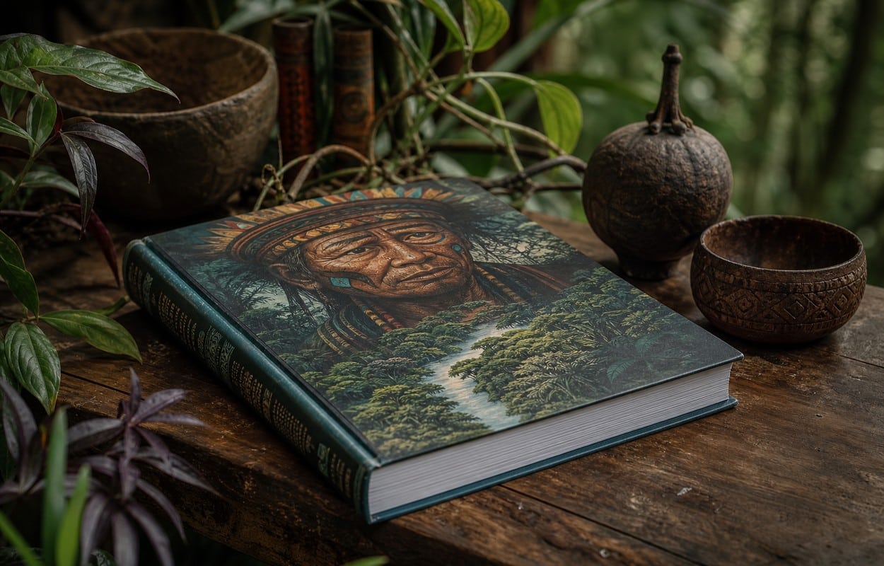 Libro sobre ayahuasca y chamanismo sobre una mesa de madera, rodeado de vegetaci&oacute;n amaz&oacute;nica en una atm&oacute;sfera contemplativa.