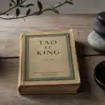Edición antigua y austera del Tao Te King sobre una mesa, con una composición de luces y sombras que evoca la conciliación de