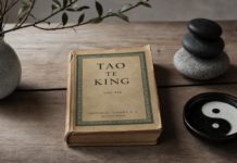 Edici&oacute;n antigua y austera del Tao Te King sobre una mesa, con una composici&oacute;n de luces y sombras que evoca la conciliaci&oacute;n de