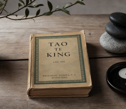 Tao Te King: una lectura sobre la conciliación Edición antigua y austera del Tao Te King sobre una mesa, con una composición de luces y sombras que evoca la conciliación de