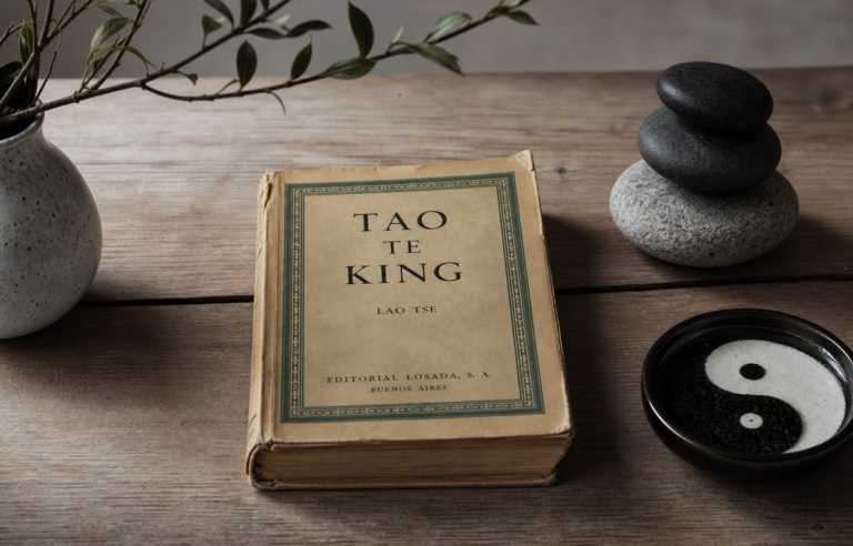 Edición antigua y austera del Tao Te King sobre una mesa, con una composición de luces y sombras que evoca la conciliación de