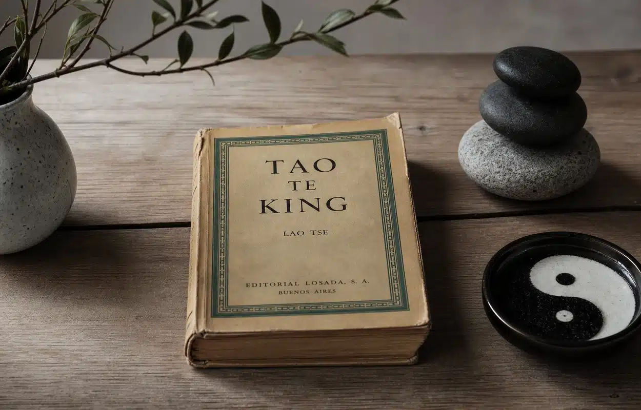 Edición antigua y austera del Tao Te King sobre una mesa, con una composición de luces y sombras que evoca la conciliación de