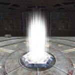 Sala virtual circular con un intenso haz de luz blanca en el centro