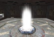 Sala virtual circular con un intenso haz de luz blanca en el centro