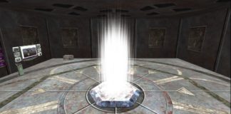 Sala virtual circular con un intenso haz de luz blanca en el centro