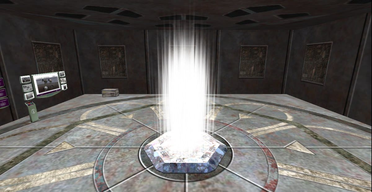 Sala virtual circular con un intenso haz de luz blanca en el centro