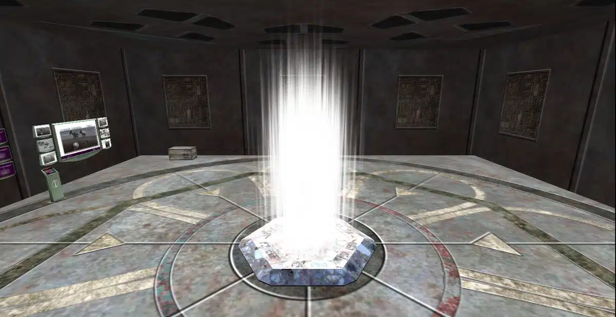 Sala virtual circular con un intenso haz de luz blanca en el centro