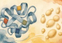 Biosíntesis de CBDA y CBD: qué aporta la ingeniería de la enzima CBDAS Ilustración de una cinta plegada con cuatro parches junto a formas de levaduras en gemación