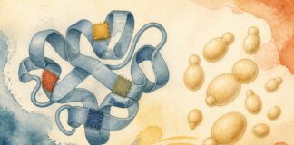 Ilustraci&oacute;n de una cinta plegada con cuatro parches junto a formas de levaduras en gemaci&oacute;n
