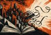 Demian Court: punk, locura y rebelión Un libro abierto del que surge una ciudad angular junto a una casete con la cinta desplegada