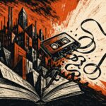 Un libro abierto del que surge una ciudad angular junto a una casete con la cinta desplegada