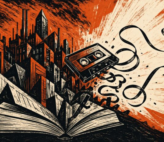 Un libro abierto del que surge una ciudad angular junto a una casete con la cinta desplegada