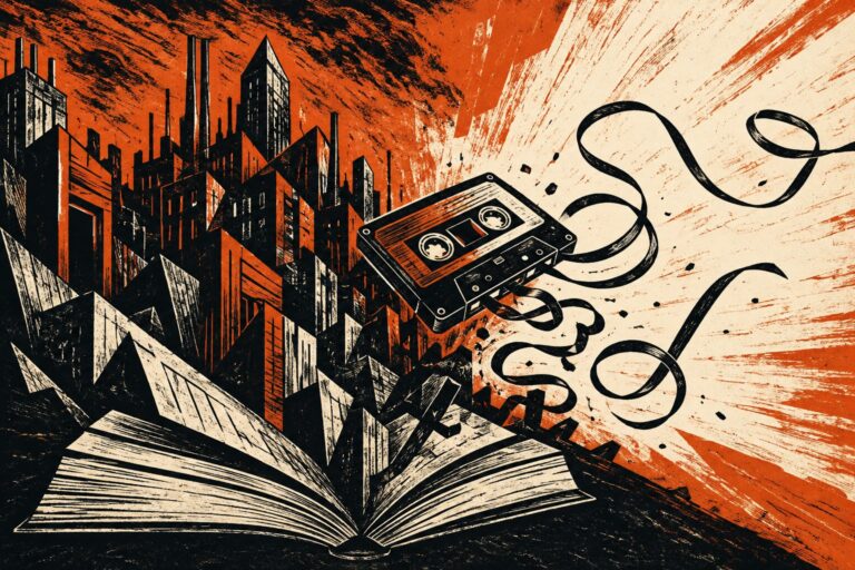 Un libro abierto del que surge una ciudad angular junto a una casete con la cinta desplegada