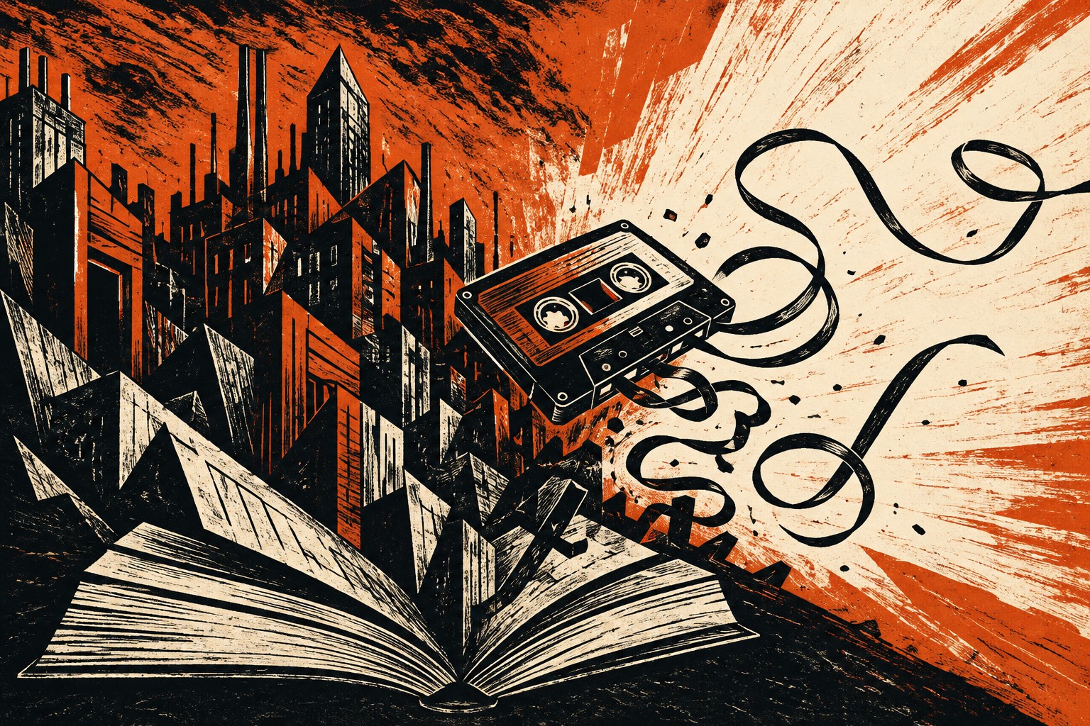 Un libro abierto del que surge una ciudad angular junto a una casete con la cinta desplegada