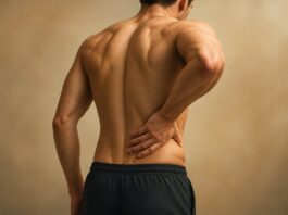 Cannabis medicinal y lumbalgia: qué predice la escala CDRS y qué no Ilustración de una persona de espaldas con una mano apoyada en la zona lumbar