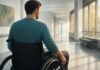 CBD y dolor tras lesión medular: alcance y límites de un ensayo clínico Ilustración de un hombre en silla de ruedas visto de espaldas en un pasillo de rehabilitación