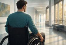 CBD y dolor tras lesión medular: alcance y límites de un ensayo clínico Ilustración de un hombre en silla de ruedas visto de espaldas en un pasillo de rehabilitación