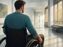 CBD y dolor tras lesión medular: alcance y límites de un ensayo clínico Ilustración de un hombre en silla de ruedas visto de espaldas en un pasillo de rehabilitación