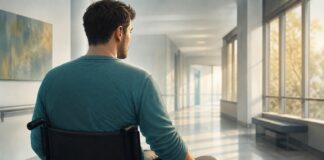 Ilustración de un hombre en silla de ruedas visto de espaldas en un pasillo de rehabilitación