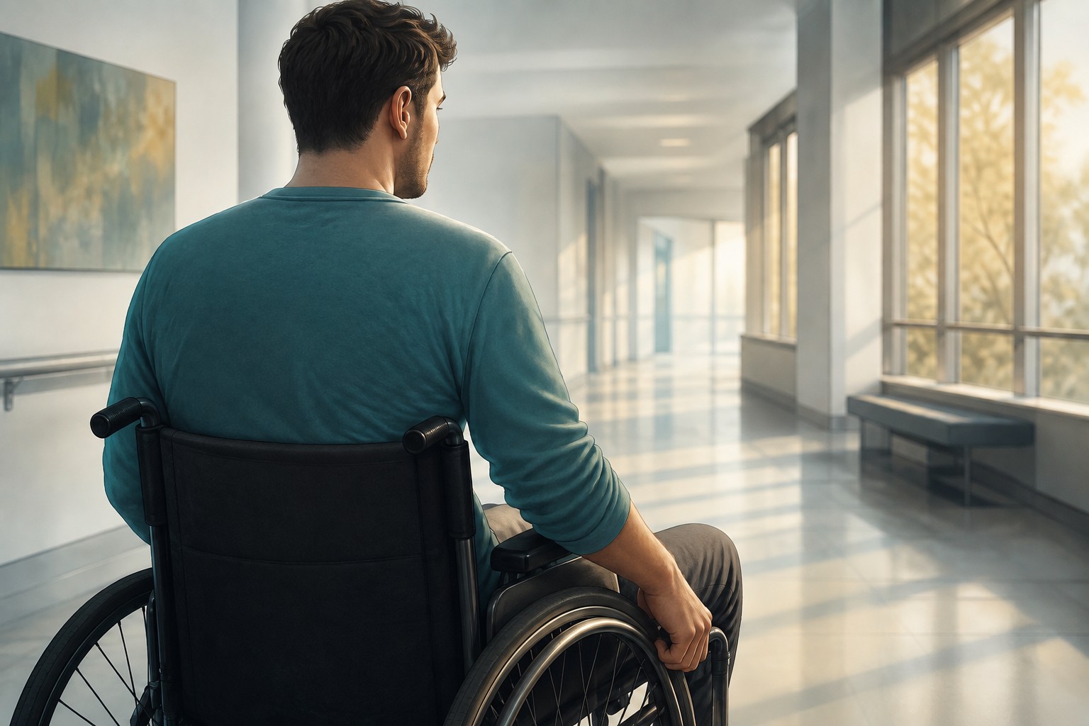 Ilustración de un hombre en silla de ruedas visto de espaldas en un pasillo de rehabilitación