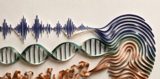 MONRA: biomarcadores para investigar la respuesta a terapias psicodélicas Onda de voz, doble hélice y cinta proteica de papel que convergen en una huella