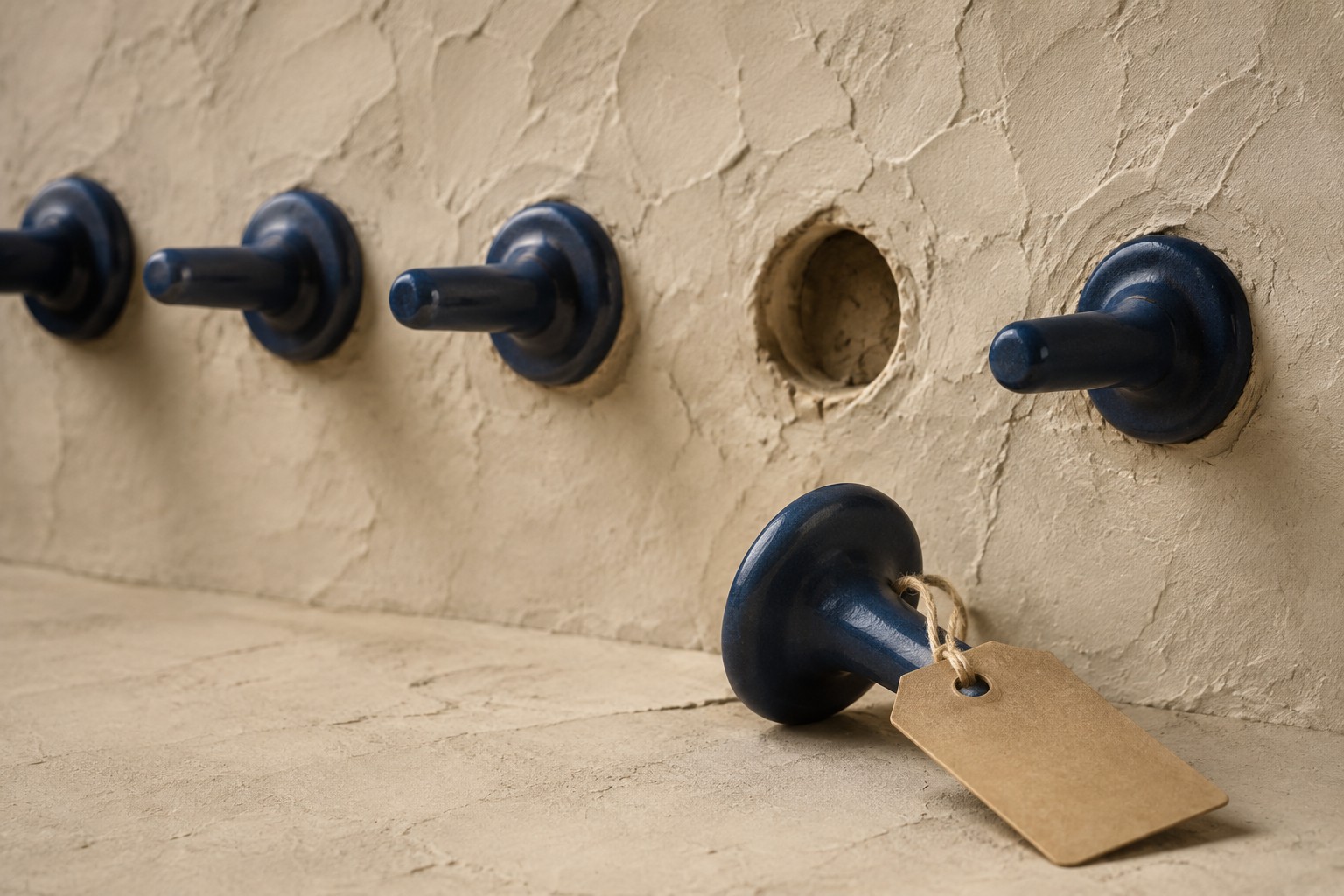 Piezas cer&aacute;micas azules en una pared y una pieza retirada con una etiqueta de papel