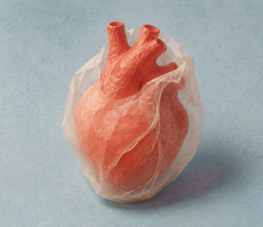 Cannabidiol y pericarditis recurrente: qué sabemos del ensayo de fase II Corazón de papel rojo rodeado por una envoltura translúcida sobre fondo azul claro