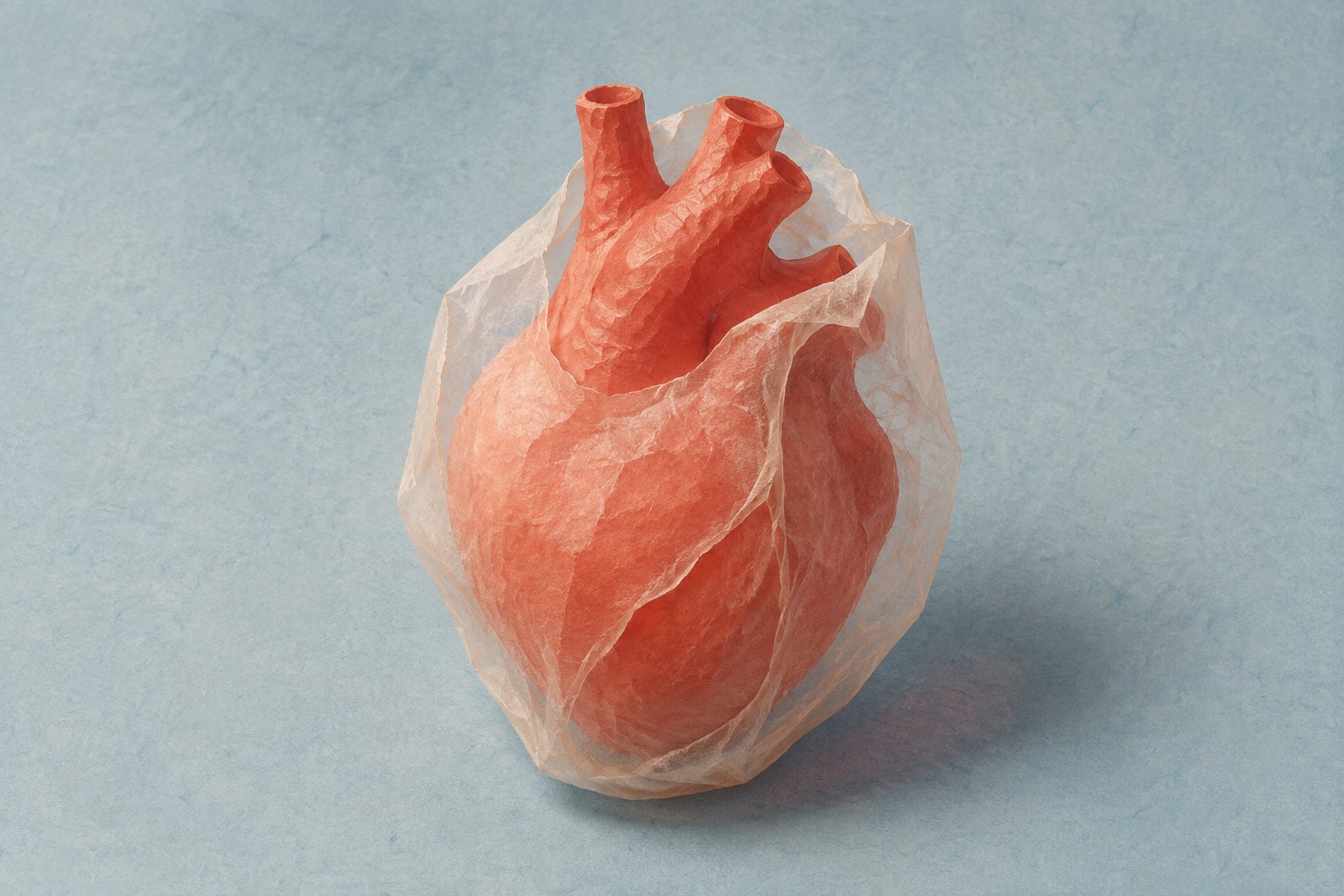 Corazón de papel rojo rodeado por una envoltura translúcida sobre fondo azul claro