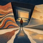 Figura de espaldas entre escenas de papel que evocan m&uacute;sica, cine y un paisaje tranquilo