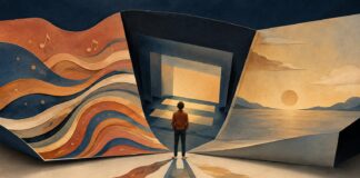 Figura de espaldas entre escenas de papel que evocan m&uacute;sica, cine y un paisaje tranquilo