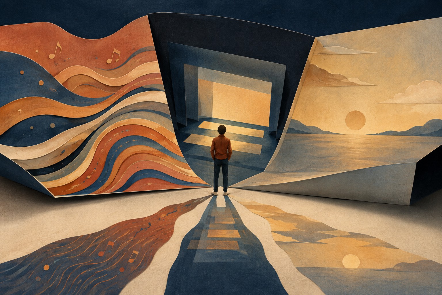 Figura de espaldas entre escenas de papel que evocan música, cine y un paisaje tranquilo