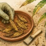 Una mano con guante recoge hojas manchadas en una bandeja de terracota junto a un cepillo