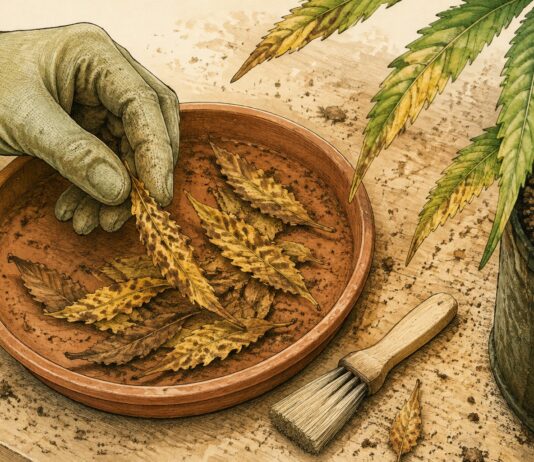 Una mano con guante recoge hojas manchadas en una bandeja de terracota junto a un cepillo
