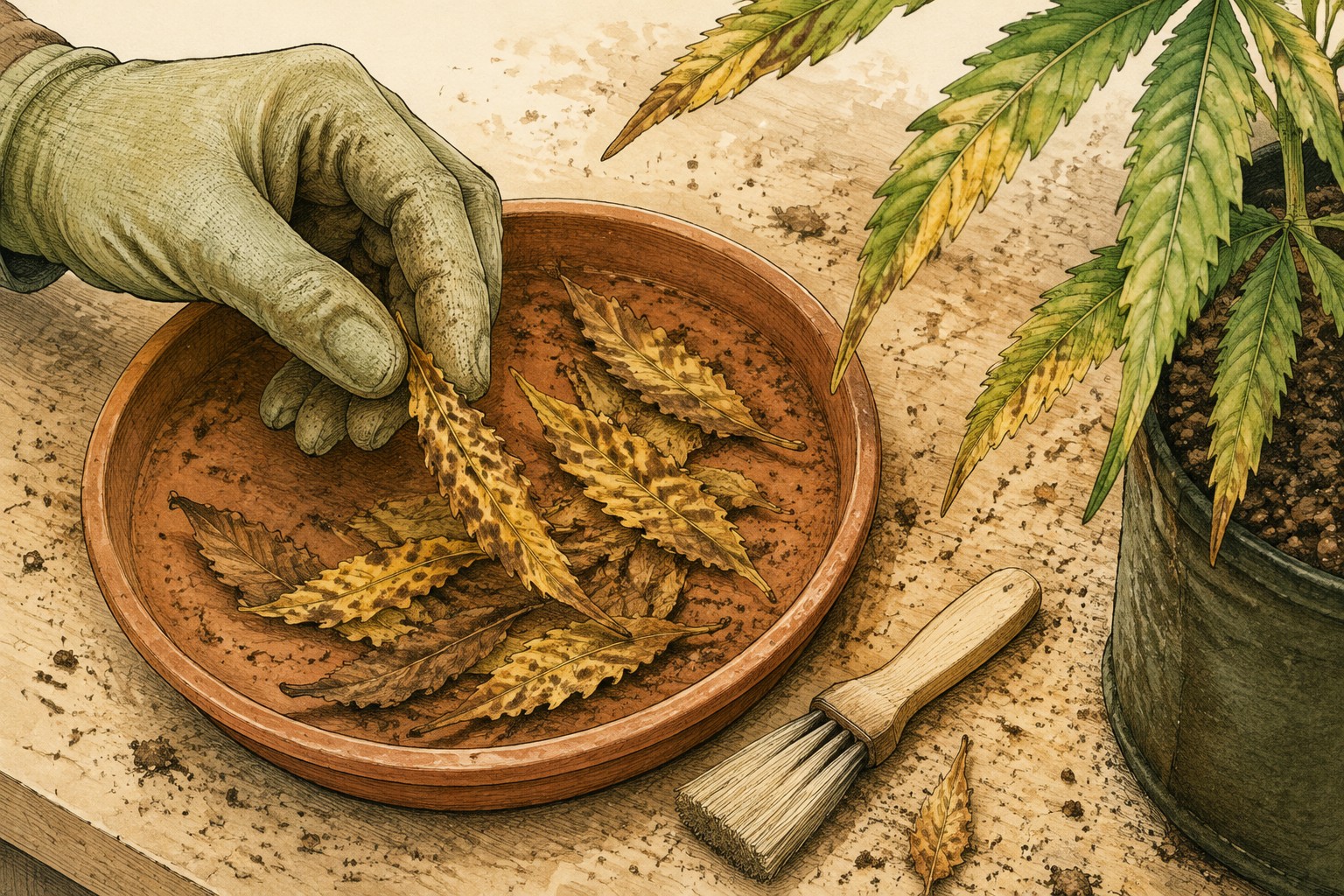 Una mano con guante recoge hojas manchadas en una bandeja de terracota junto a un cepillo