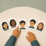 Manos junto a cinco tarjetas ilustradas con diferentes expresiones faciales