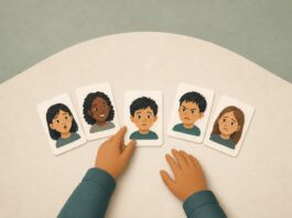 CBD y cognición social en autismo: qué permite concluir un análisis exploratorio Manos junto a cinco tarjetas ilustradas con diferentes expresiones faciales