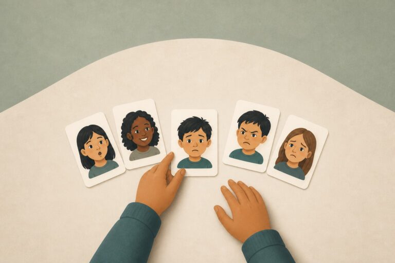 Manos junto a cinco tarjetas ilustradas con diferentes expresiones faciales