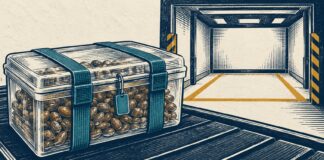 Ilustraci&oacute;n de una caja transparente con semillas, correas y precinto junto a una zona de recepci&oacute;n vac&iacute;a.
