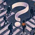 Ilustración de personas que cruzan una calle alrededor de una cinta con forma de interrogación